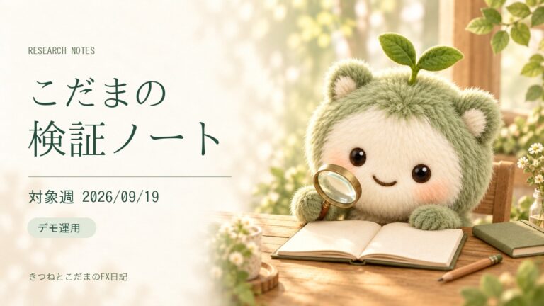 こだまの検証ノート｜対象週 2026/09/19（日本時間）｜デモ運用。虫眼鏡でノートを調べるこだま。